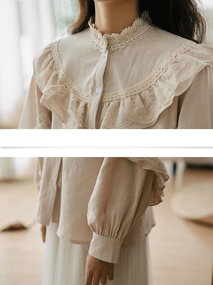 Shirts Women Lace Lantern Sleeve Single Breasted French Fashion Vintage Elegant Solid Edible Tree Fungus Design Preppy Style