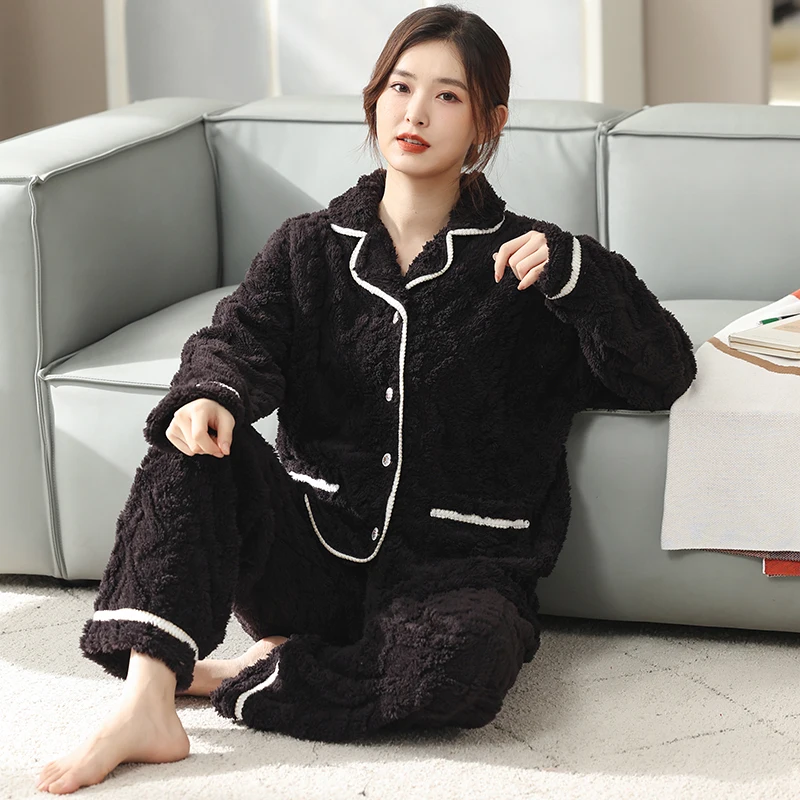 Winter Plush Velvet Couple Cardigan Pajamas Thick Flannel Warm Home Sleepwear Women Soft Pyjamas Two Piece Lounge Pijamas Mujer