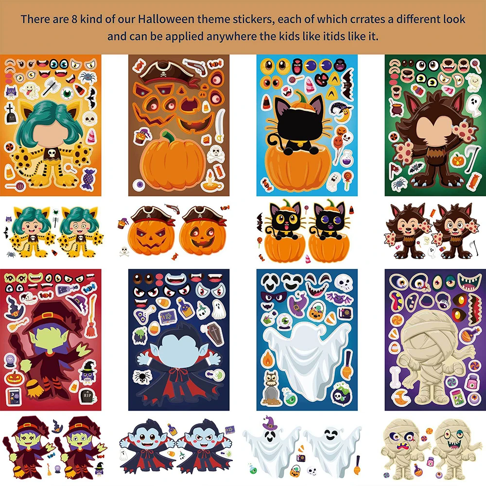 8/16Sheets Make a Face Puzzle Stickers Kids Game Create Your Own Vampire Pumpkin Witch Children Toys Halloween Party Decoration