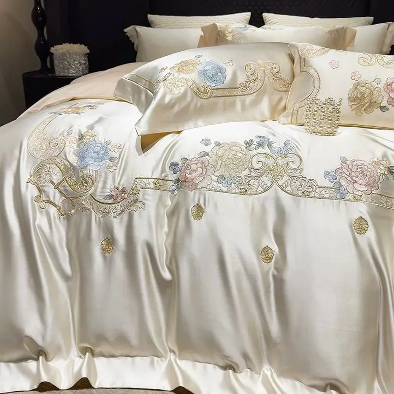 4Pcs Gorgeous Brocade Egyptian Cotton Flowers Embroidery Bedding Set Cream/Champagne Patchwork Duvet Cover Bed Sheet Pillowcases