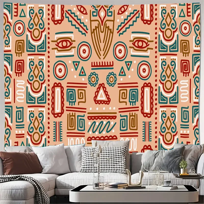 Beige Tribal Aztec Symbol Pattern Wall Tapestry Machine Washable All Season Decor Art Print Ethnic Boho Design Home Quick Setup
