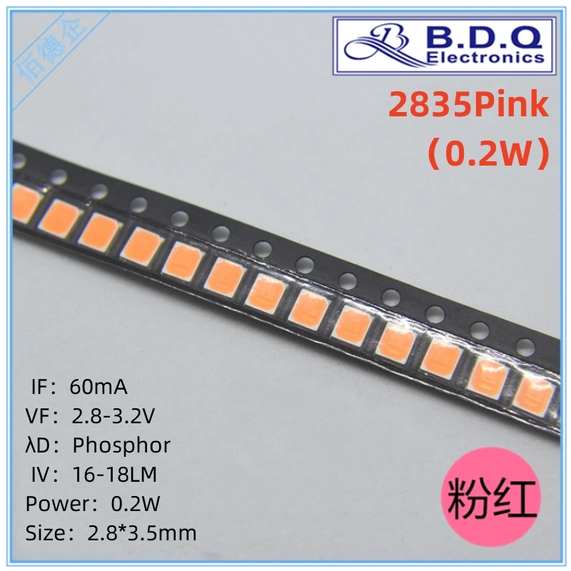 Cuentas de lámpara LED de color rosa, diodo emisor de luz de alta calidad brillante, SMD, 100, 2835, 0,2 W, 2835 piezas