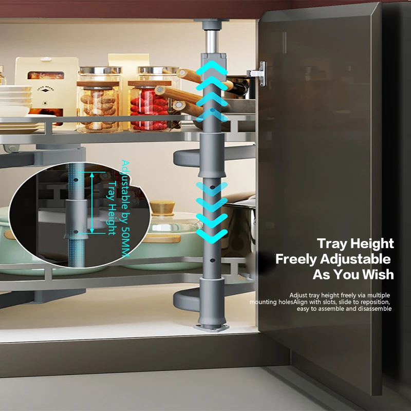 Kitchen Corner Cabinet Pull Out Rotating Magic Corner Fly Disc Double Tier Basket Rack With Spice Rack Organizer Built In