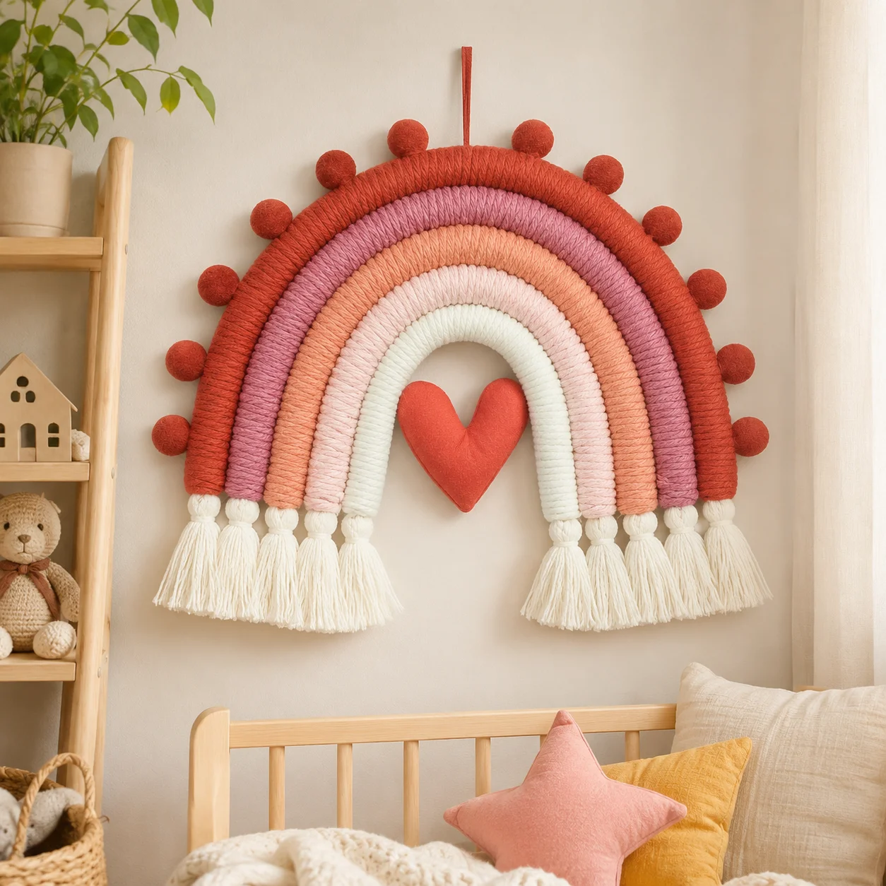 Boho Macrame Rainbow Wall Hanging With Pom‑poms Tassel Handmade Woven Wall Ornament Kids Nursery Bedroom Home Decor