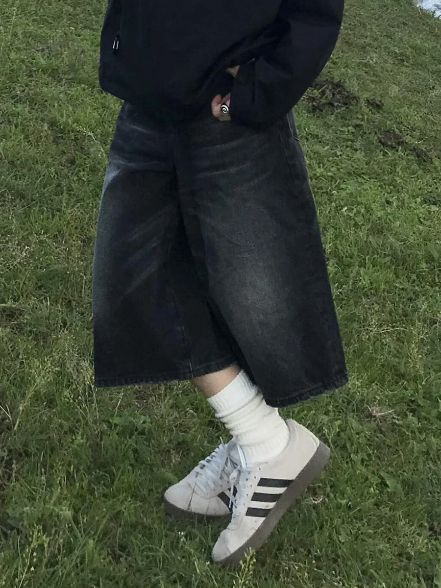 PBAP Do النساء المسنات واسعة الساق الدنيم السراويل كبيرة الحجم منخفضة الخصر الأسود غسلها المتوترة شعيرات فضفاض الجينز الجورت ملابس خمر غير رسمية #4