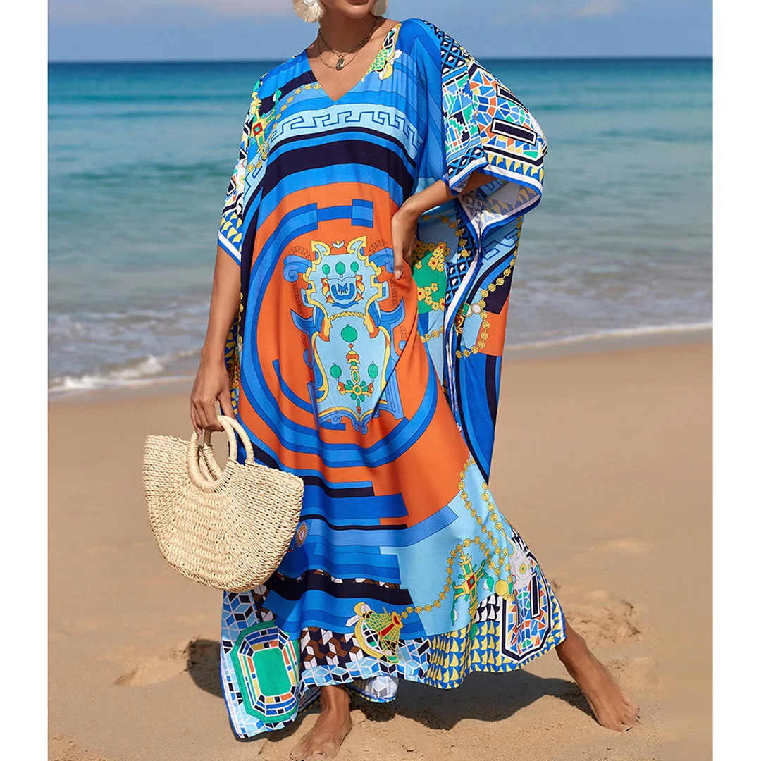 2026 Neues Buntes Kaftan-Tunika Strandkleid Strandmode Strandüberwurf Locker Sitzendes Maxikleid für Damen V4428 – Detail 22