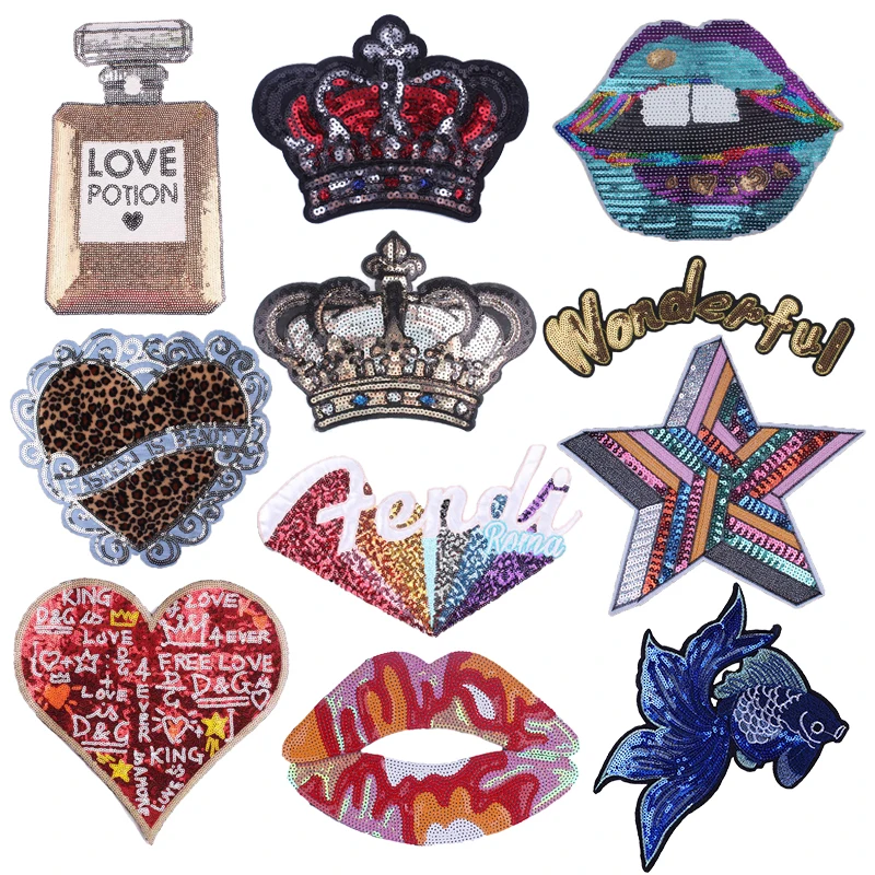 

Fashion Shiny Crown Heart Lips Goldfish Sequins Patch Applique Embroidery Patches For Clothing DIY Iron on Patches Sticker Badge