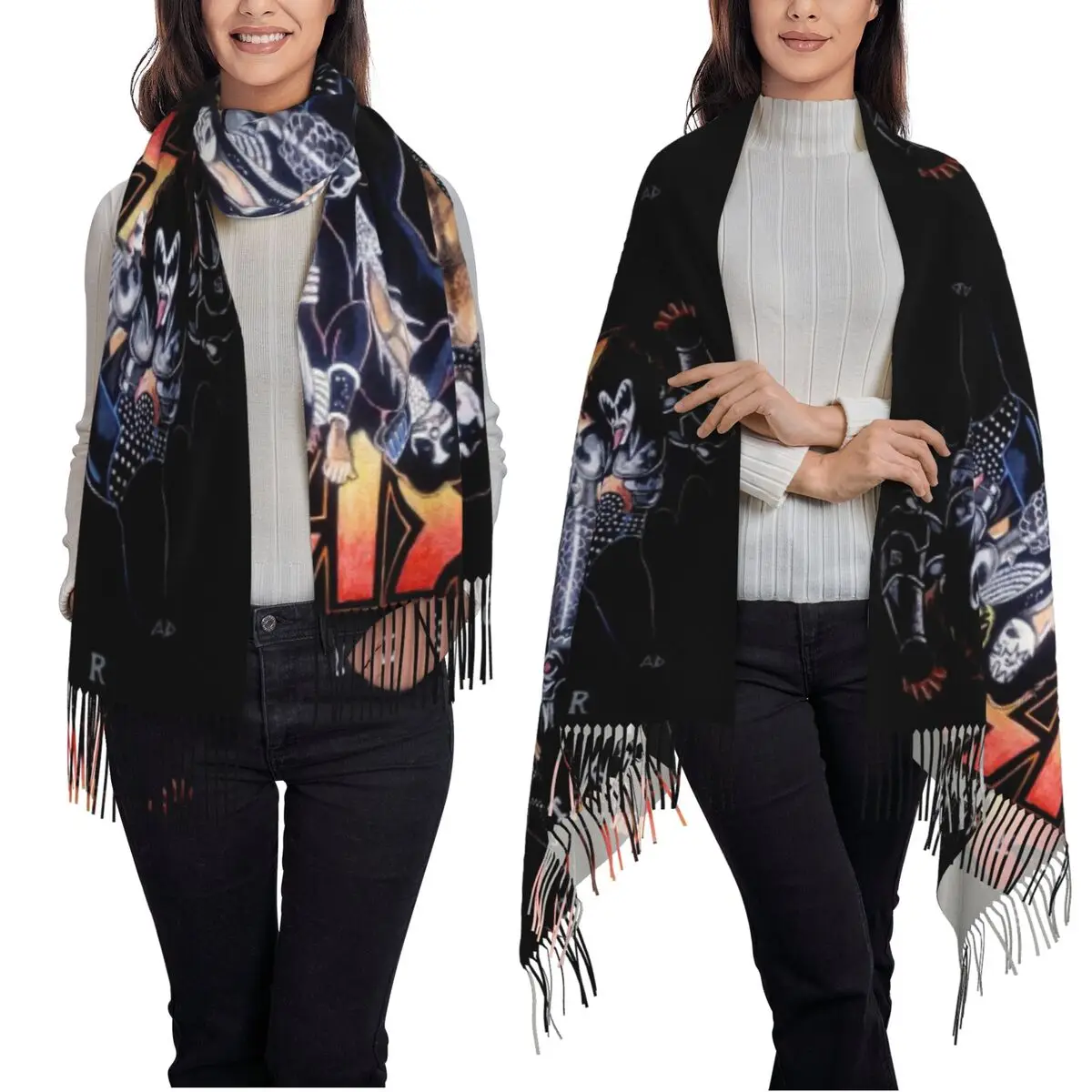 Kiss Rock Band Retor スカーフ タッセルスカーフ 女性用 ソフトで暖かいショールとラップ 大きな秋冬ショールラップ