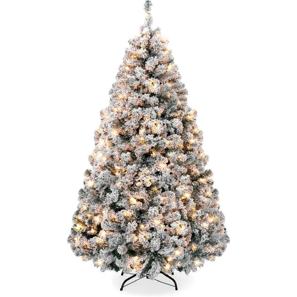 Pre-Lit Artificial Christmas Tree, 6ft Snow Flocked Design Pine Tree, Full Appearance Snowy w/Easy Assembly, Metal Stand