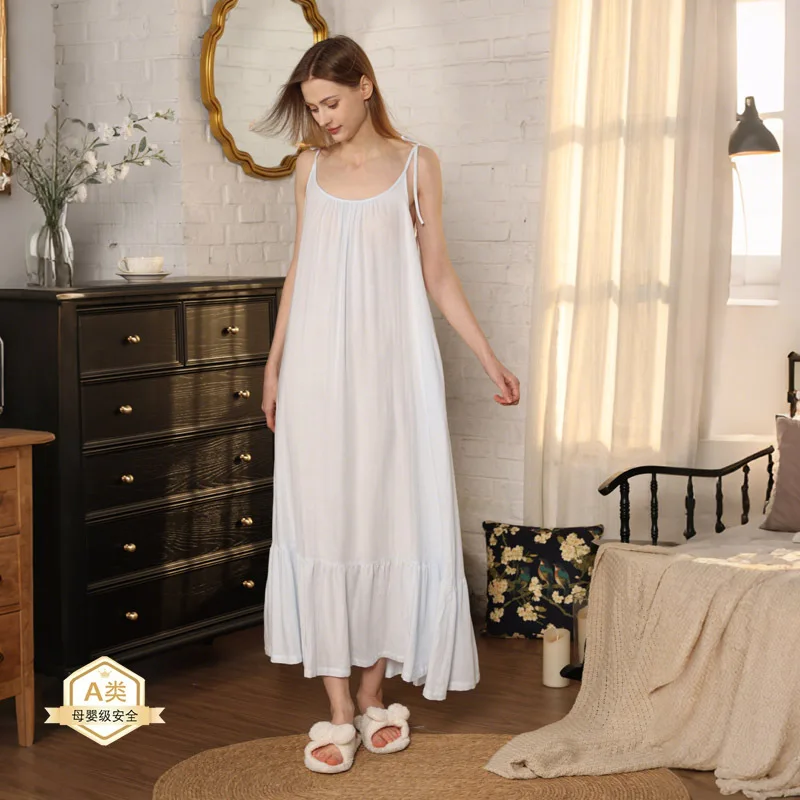 2026 Spring and Summer Women's Loose Pajamas Class A Double Layer Gauze Spaghetti Straps Open Back Long Skirt for Home Comfort