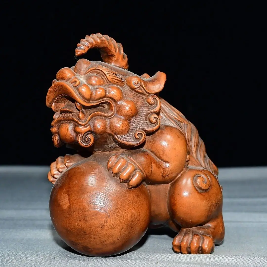 Hand Carved Wood A mythical creature playing with a ball Statue Figurine Desktop Ornaments Home Decoration Crafts Tea Pet Decor