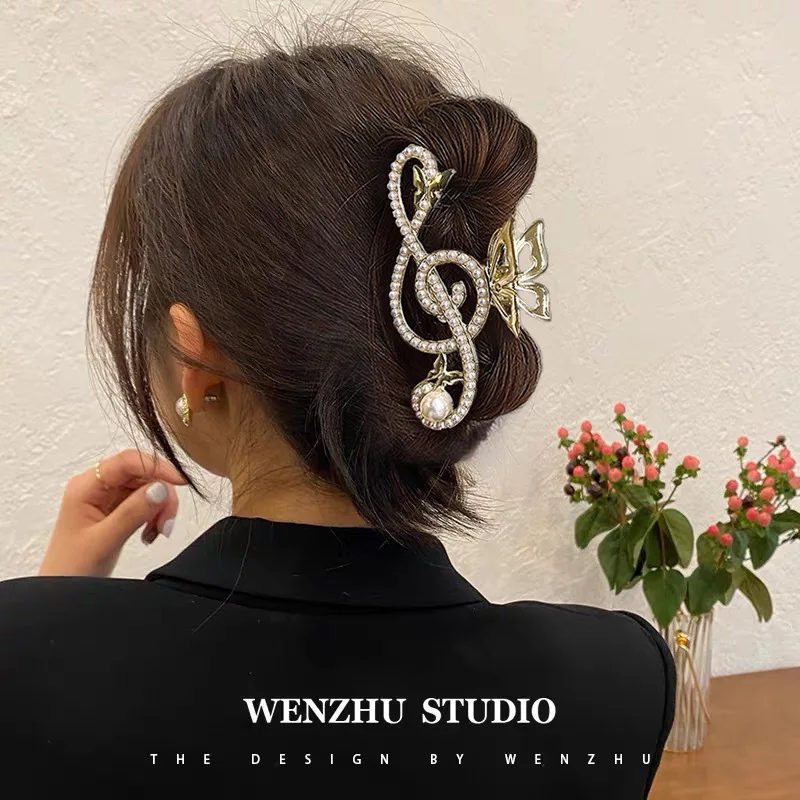 New Women Elegant Music Note Shape Hair Claw Luxury Rhinestone Decor Ponytail Hair Claw Clips Girls Headwear Fashion Accessories