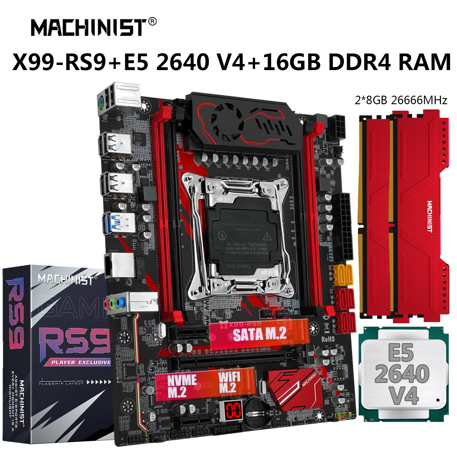 MACHINIST X99 RS9 Motherboard Combo LGA2011-3 Xeon Kit E5 2640 V4 CPU Processor DDR4 16GB 2666MHz Memory NVME M.2 Four Channel