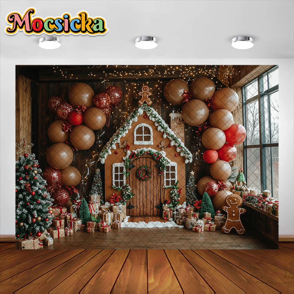Fondo de fotografía de hombre de jengibre de dibujos animados arco de Navidad decoración de la casa de globos niños fiesta de vacaciones telón de fondo accesorios de estudio