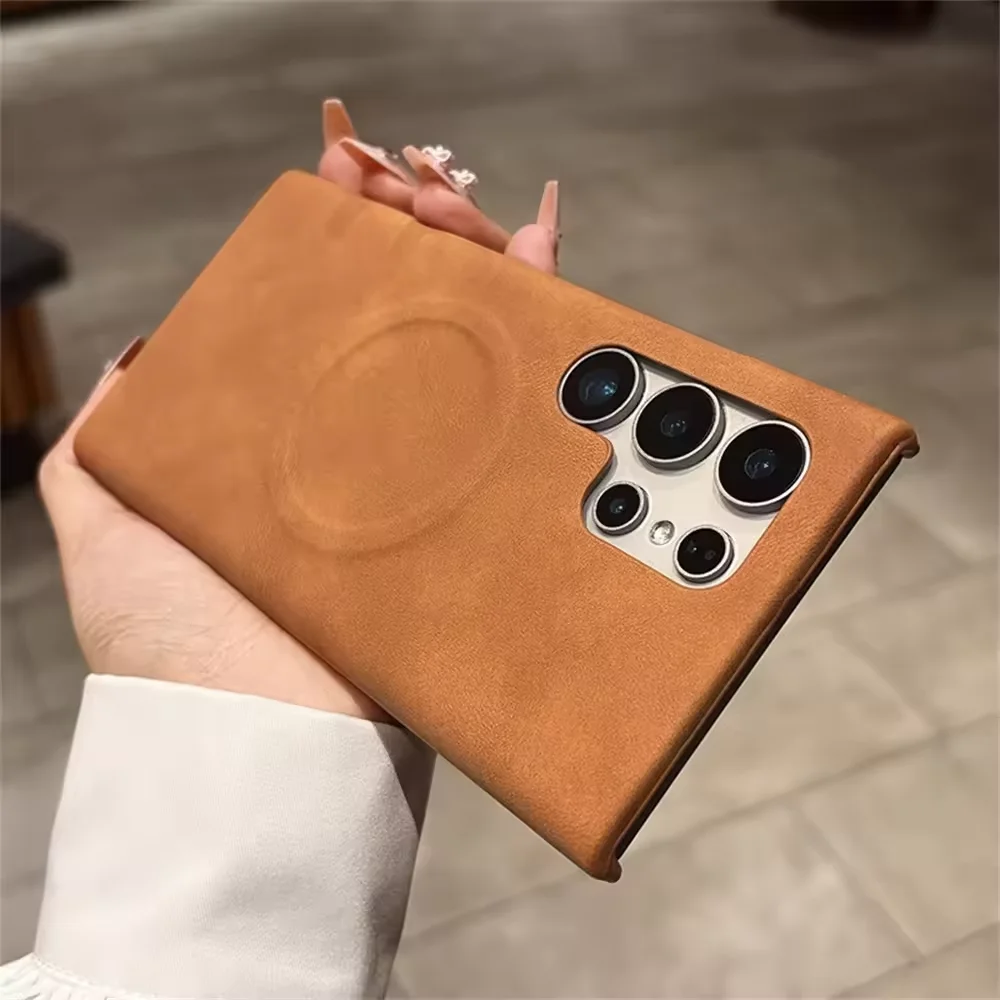 

Luxury Sheepskin Leather Magnetic Phone Case for Samsung S23 S24 S25 Ultra Business Wireless Charging Back Hard Shockproof Cover