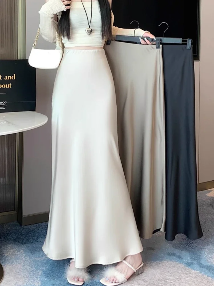 Summer Satin Skirt 2026 Women's Long Skirt Silk High Waisted Slim Fashion Korean Solid Champagne Black Midi Skirts for Women