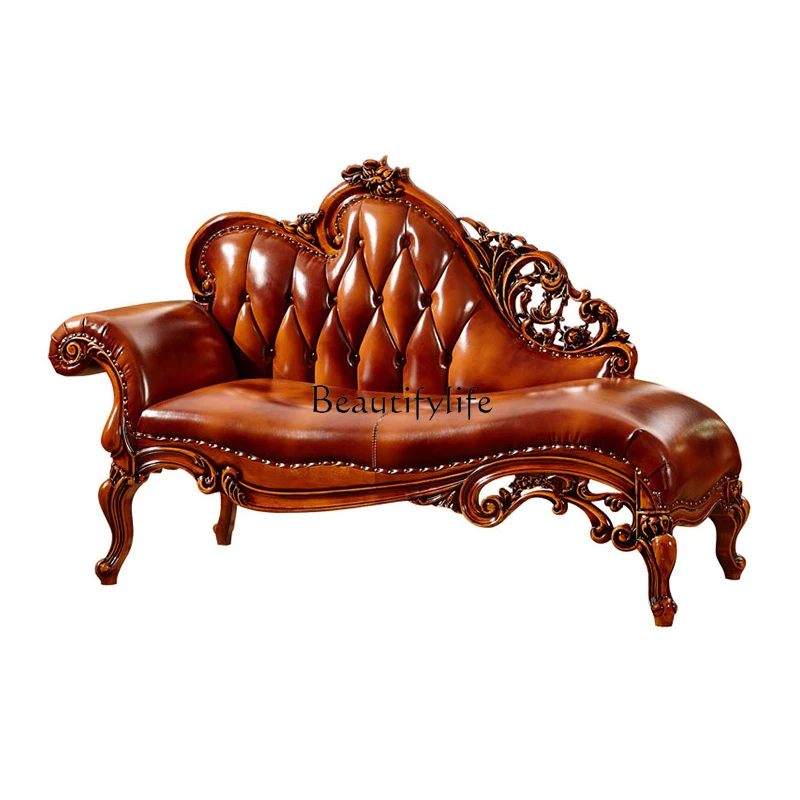 European living room full sofa concubine chair small apartment American light luxury leather solid wood sofa