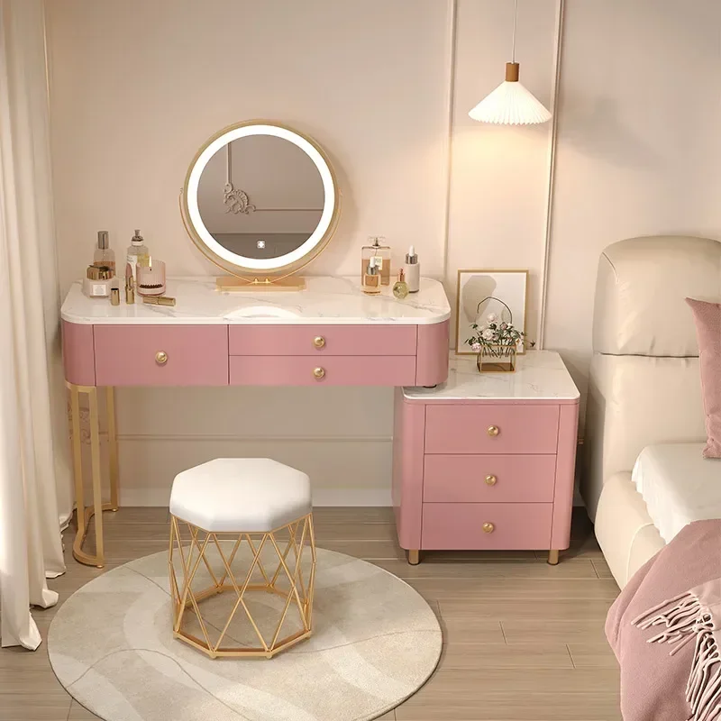 

Minimalist Pink Vanity Table Vanity Organizer Luxury Nordic Vanity Table Led Light Kawaii Tocador Maquillaje Bedroom Decoration