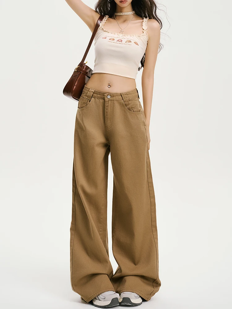 جينز بني 2025 للنساء Y2K الهيب هوب جينز عتيق عالي الخصر مستقيم ملابس الشارع الشهير فضفاض غير رسمي مقاس كبير بنطال جينز واسع الساق