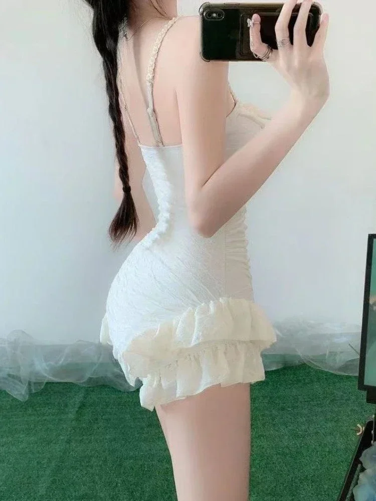 Sexy Ruffles Solid Spaghetti Strap Beach Dress Women High Waist Slim Beach Style Bikini 2025 New Summer Beach One Piece Swimsuit