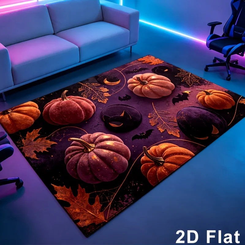 Dark Purple 3D‑Effect Pumpkin Halloween Rectangle Area Rug,Maple Leaf Bat Spider Web Printed Floor Carpet
