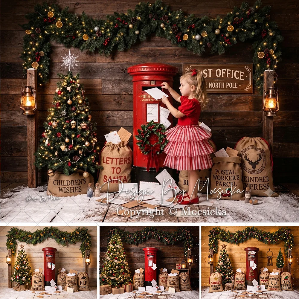 Mocsicka Christmas Santa Post Office Backdrop Photography North Pole Red Mailbox Wreath Wood Background Kid Winter Photo Studio