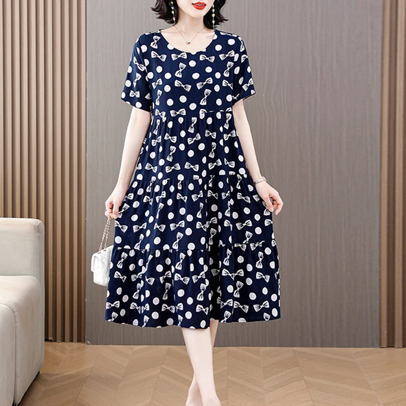 2023 New Style Women Plus Size Dress Vintage Casual O-Neck Elegent A-Line Robe Femme Short Sleeve Vestido Print Summer dresses