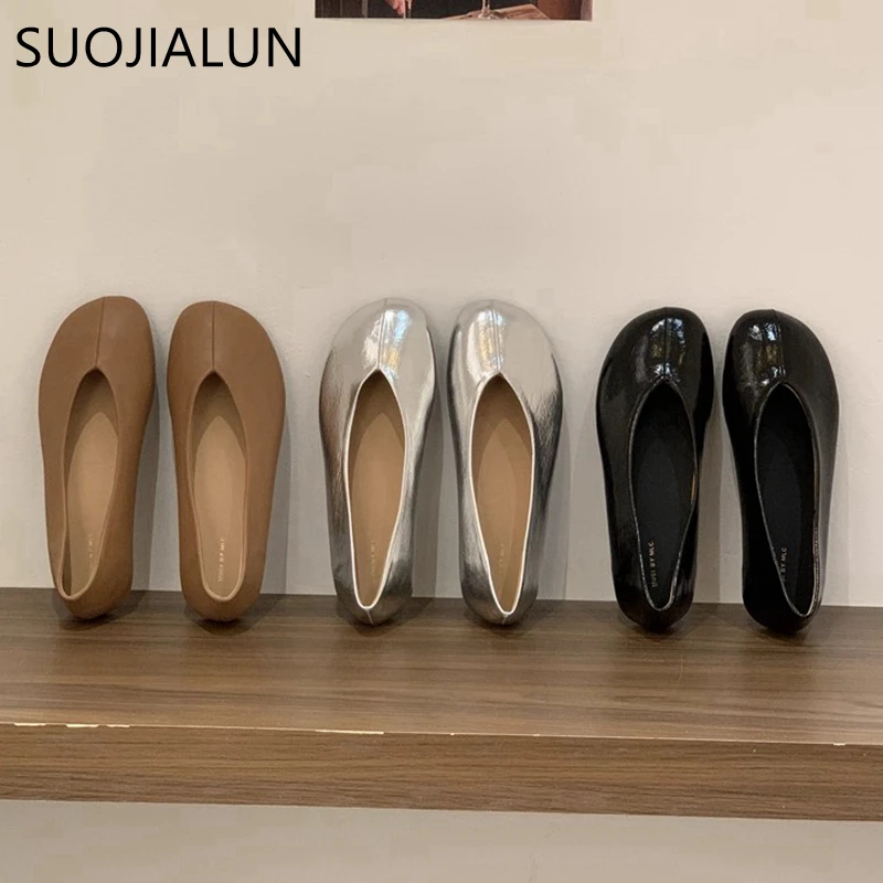 

SUOJIALUN 2025 Autumn Flat Heel Women Boat Shoes Fashion Round Toe Shallow Slip On Ladies Casual Soft Heel Dress Single Shoes