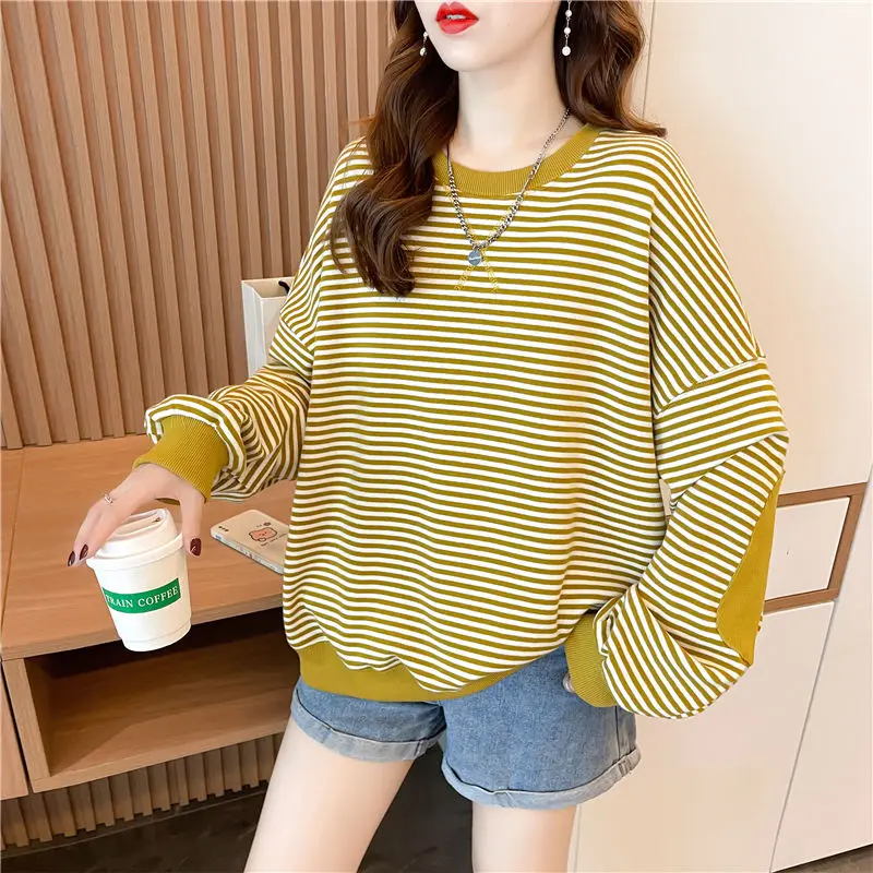 

Fashion O-Neck Spliced Loose Striped Sweatshirts Female Clothing 2023 Autumn Winter Oversized Casual Tops All-match Sweatshirts