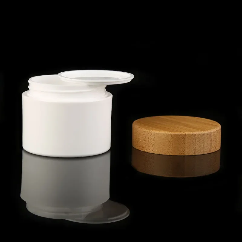 

Empty High-end Wooden Lid Pot PP Jar, Bamboo Cap Plastic White Jar, Cosmetic Cream Box Bamboo Cap,Empty Refillable Cosmetic jar