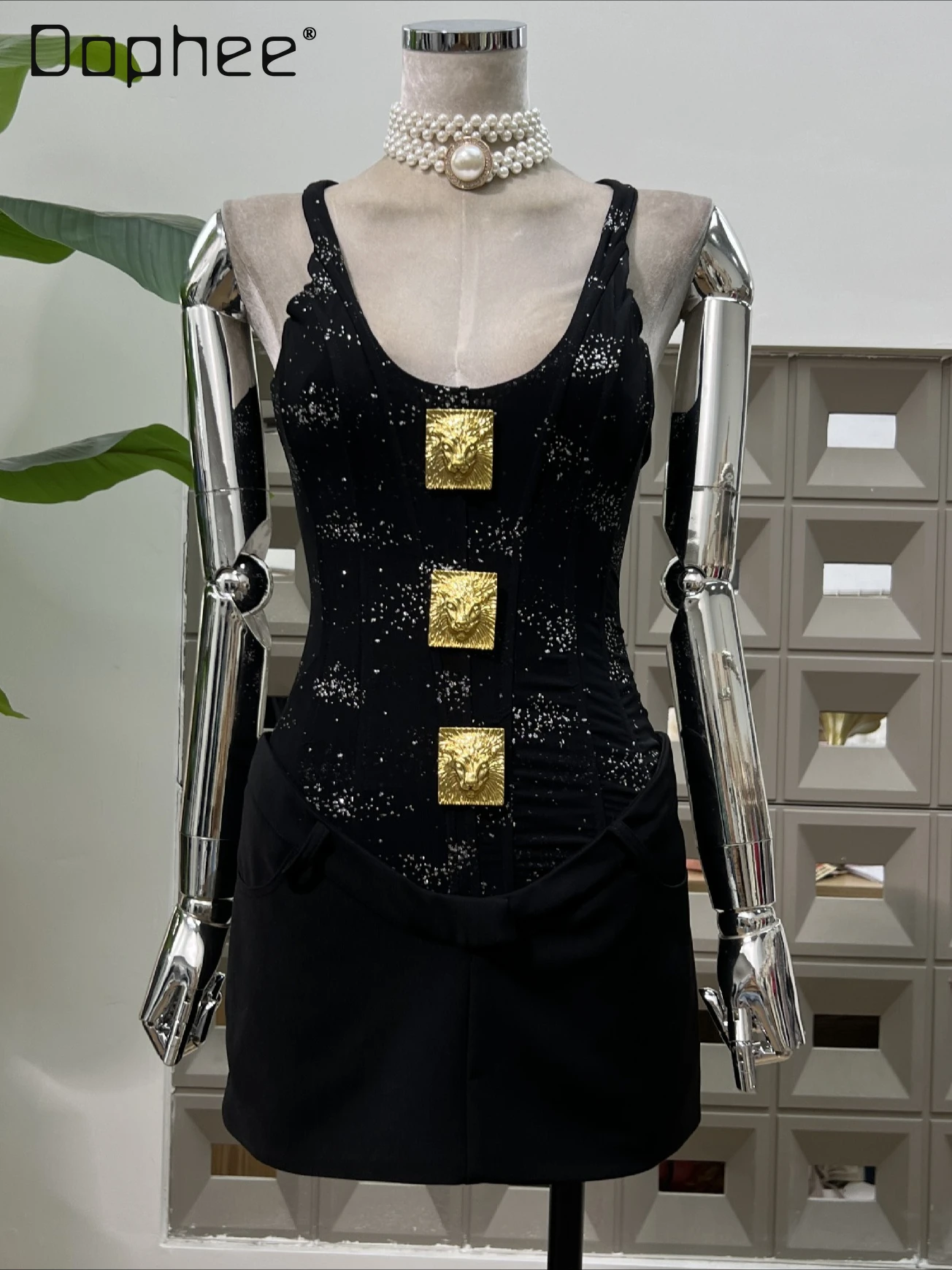

Elegant Socialite Evening Dresses Shiny Sequins Fishbone Splicing Fake Two-Piece Tank Dress Slim Light Luxury Strap Mini Dress