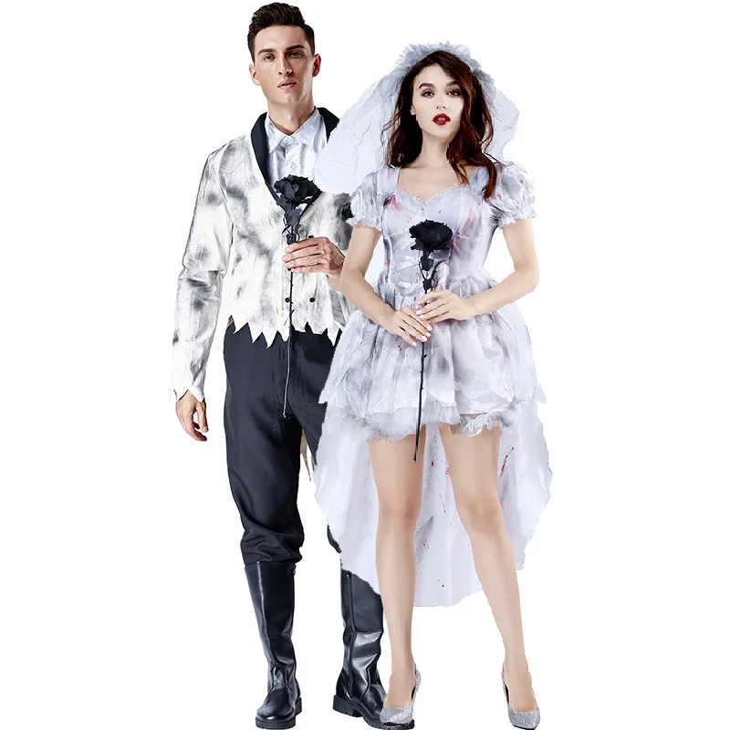 Graues Geisterbraut- und Bräutigam-Kostüm, Cosplay-Paar-Kostüm, Halloween-Vampirkostüme, Karnevalsparty, Erwachsenen-Outfits für Männer und Frauen. – Detail 2