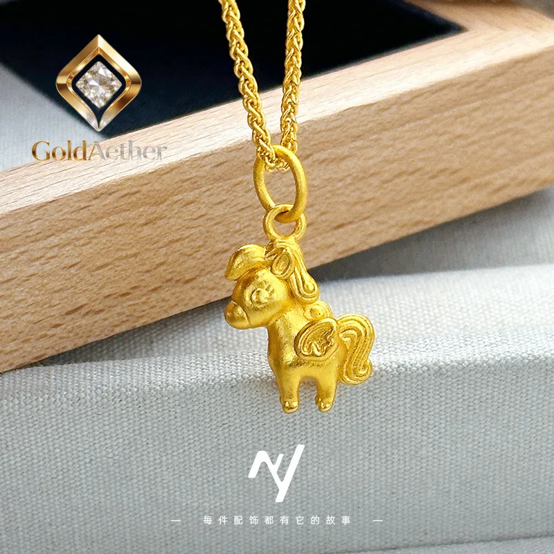 

Золотой кулон GoldNouveau Luxury 24K 9999 из чистого золота, женский, с милым изображением пони, подвеска в виде зодиакального коня, ожерелье.