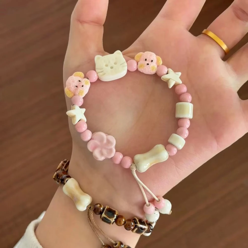 1/2pcs Ceramic Beaded Bracelet Cartoon Cute Cat Puppy Hand Woven Rope Bangle Fashion Y2k Best Friend Couple Niche Jewelry Gifts