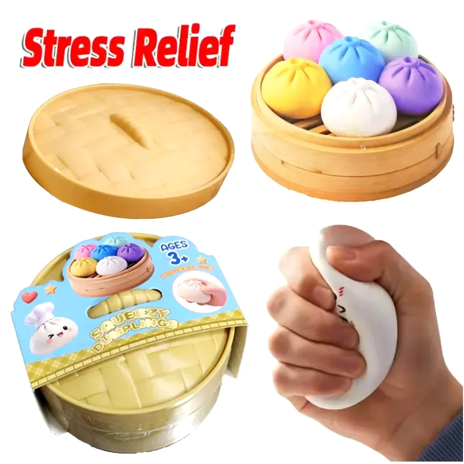 Colorful Dumpling Squishes Stress Balls Fidget Sensory Toys Simulation Food Squishies Bun with Steamer Squeeze Dough Ball Gifts