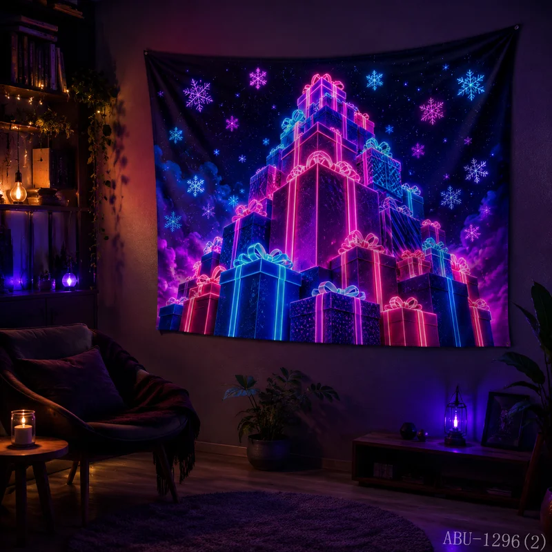 VIKAMA Gift Box Stack Christmas Tree Nebula Snowflake Christmas Tapestry Background Hanging Cloth Living Room Room Decoration