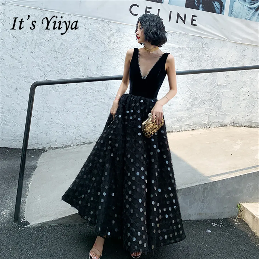 

Clearance Black Evening Dresses Shining Sequins V-neck Sleeves A-line Floor Length Plus Size E1365 Sleeveless robe de soiree