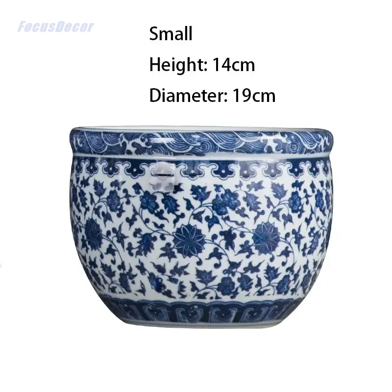 Small Round Blue And White Chinese Porcelain Fish Bowl Ceramic Tank Flower Dragon Pot