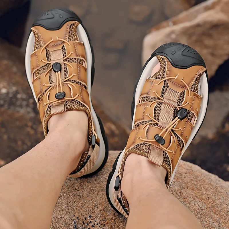 

Brown casual sandals man 2025 Summer wear-resistant Honeycomb mesh genuine leather light hiking shoes beach sandal high quality