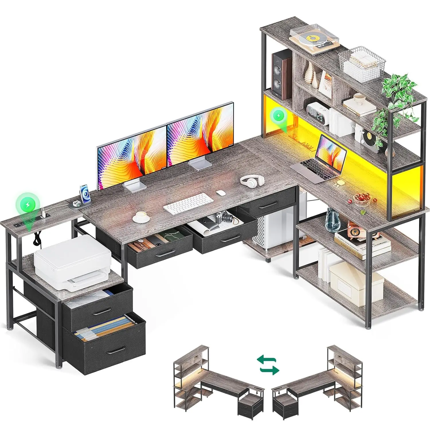 79 inch L Desk 5 Drawers LED Light 2 Power Outlets Reversible Gaming Computer Desk Storage Shelves Home Office, Customized