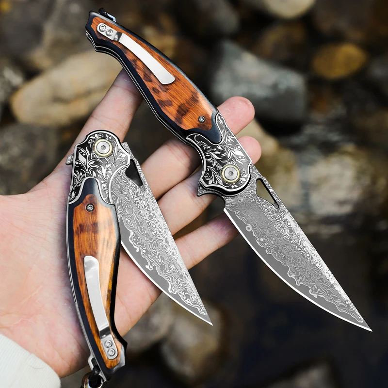 Handcrafted men's and women's everyday carry (EDC) folding knives made of Damascus steel; outdoor adventure and utility knives