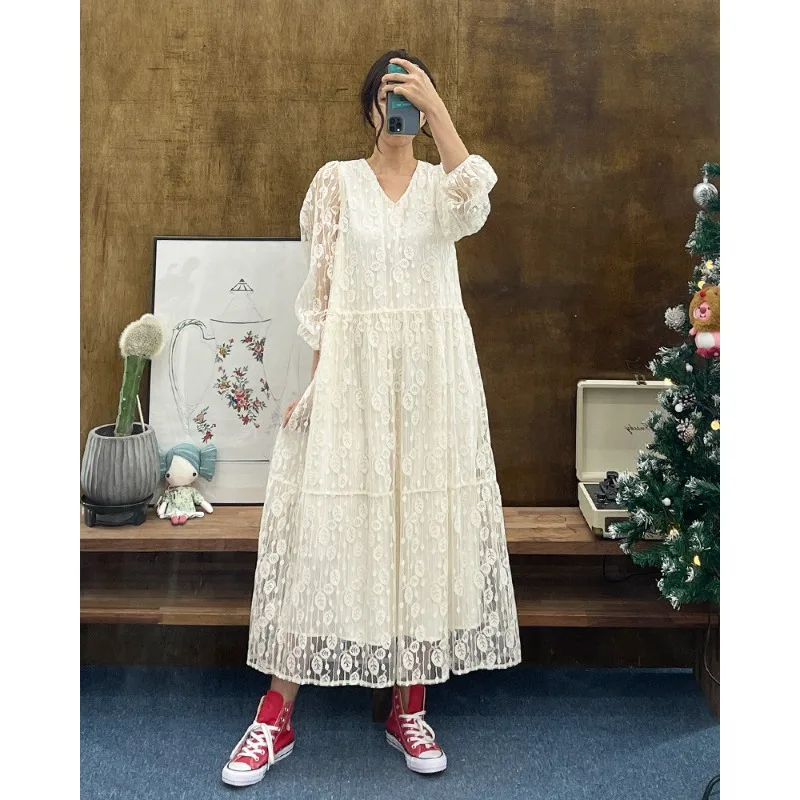 

Ele Korean Sle Long Heavy Embroidery Lace V-Ne Loose Casual Knee-Length Dr for Women Spring Autumn Faion