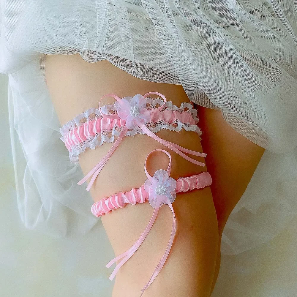 

Fashion Pink Wedding Garter with Flower and Sash Bridal Accessories Cosplay Party Floral Elastic Leg Loop