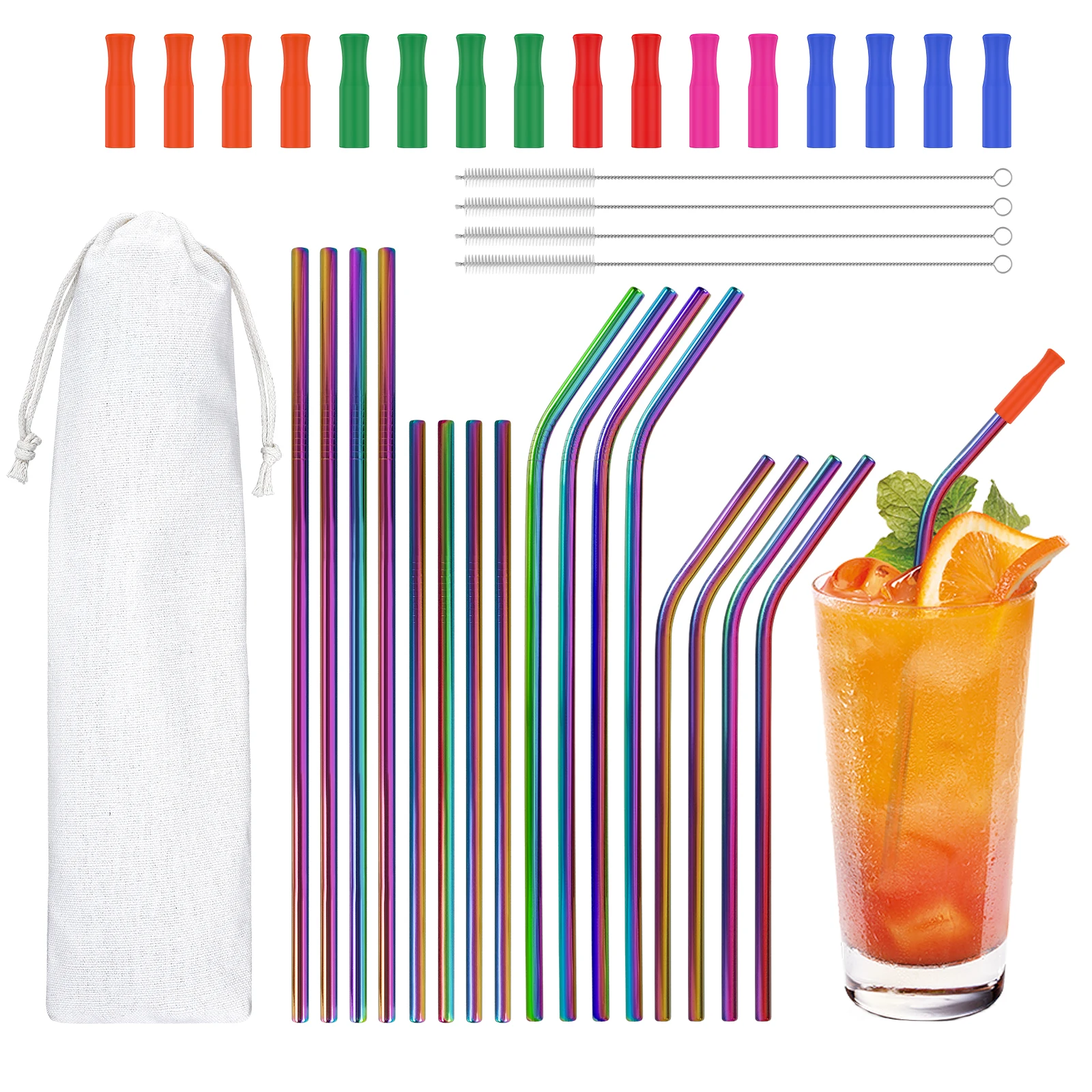 16Pcs Stainless Steel Curved Straws Portable Straight Straws Long Drinking Straws Short Straws with Silicone Tips Straw Brush