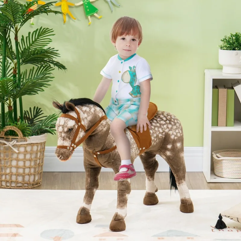 Ride on Horse, Riding Horse with Neighing Sound, Saddle, Stirrups, Ride on Animal for Kids Boys Girls 3-8 Years Old, Brown