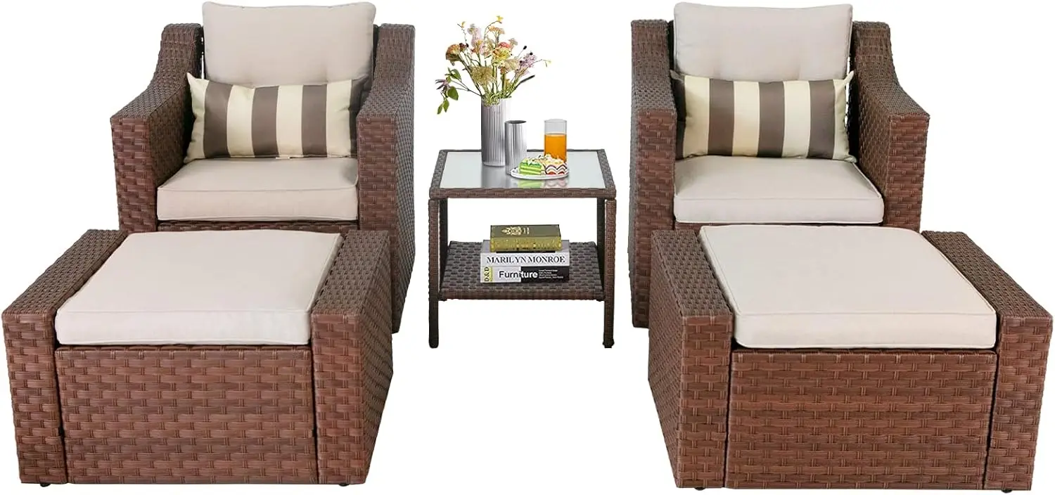 Vime Pátio Conversação Set, Lounge Chair e Otomano, Coffee Table e Almofadas, Outdoor