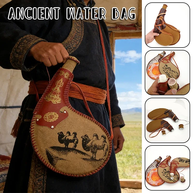 Portable Retro Leather Hip Flask Handmade Boat Wine Bag Traditional Water Crafts Whisky Alcohol Bottle Outdoor Drinkware Prop