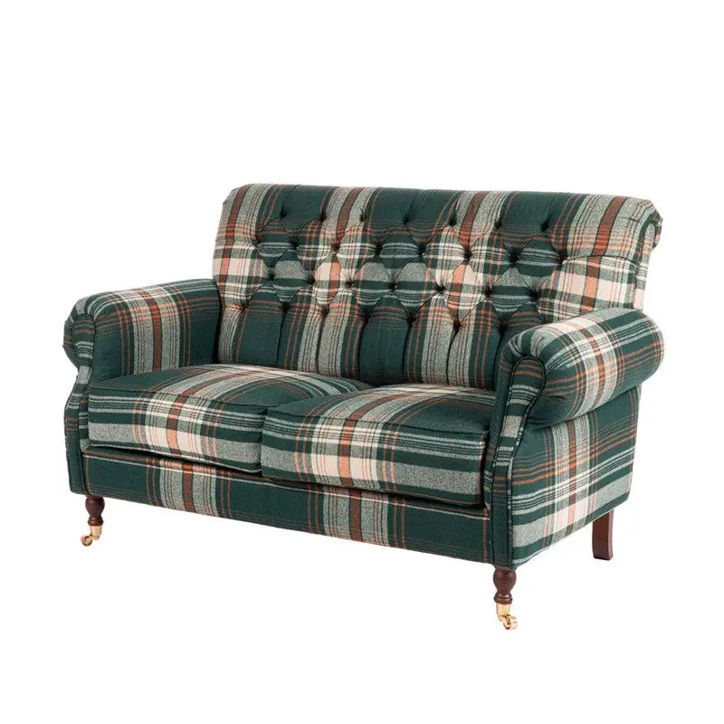 

American retro dark green plaid fabric small apartment living room French medieval buckle high back bedroom double small sofa