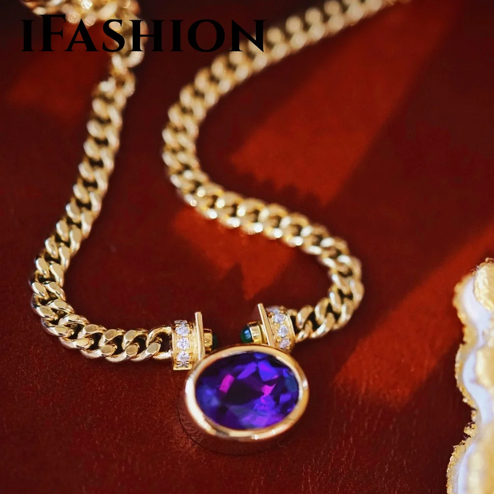 

Purple Crystal Necklace 18K Import Solid Yellow Real Gold Jewelry(AU750)Women Designer Chain Fashion Lady