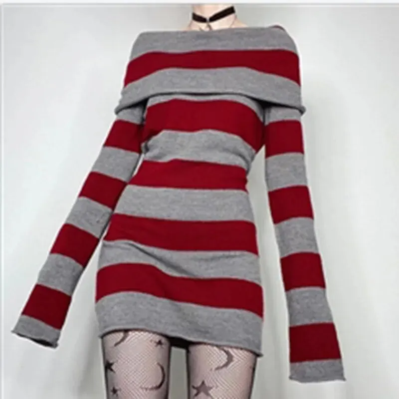 Women Striped Mini Bodycon Dress Stripe Boat-Neck Off Shoulder Long Sleeve Short Dress Spring Autumn Wrapped Hip Party Dress